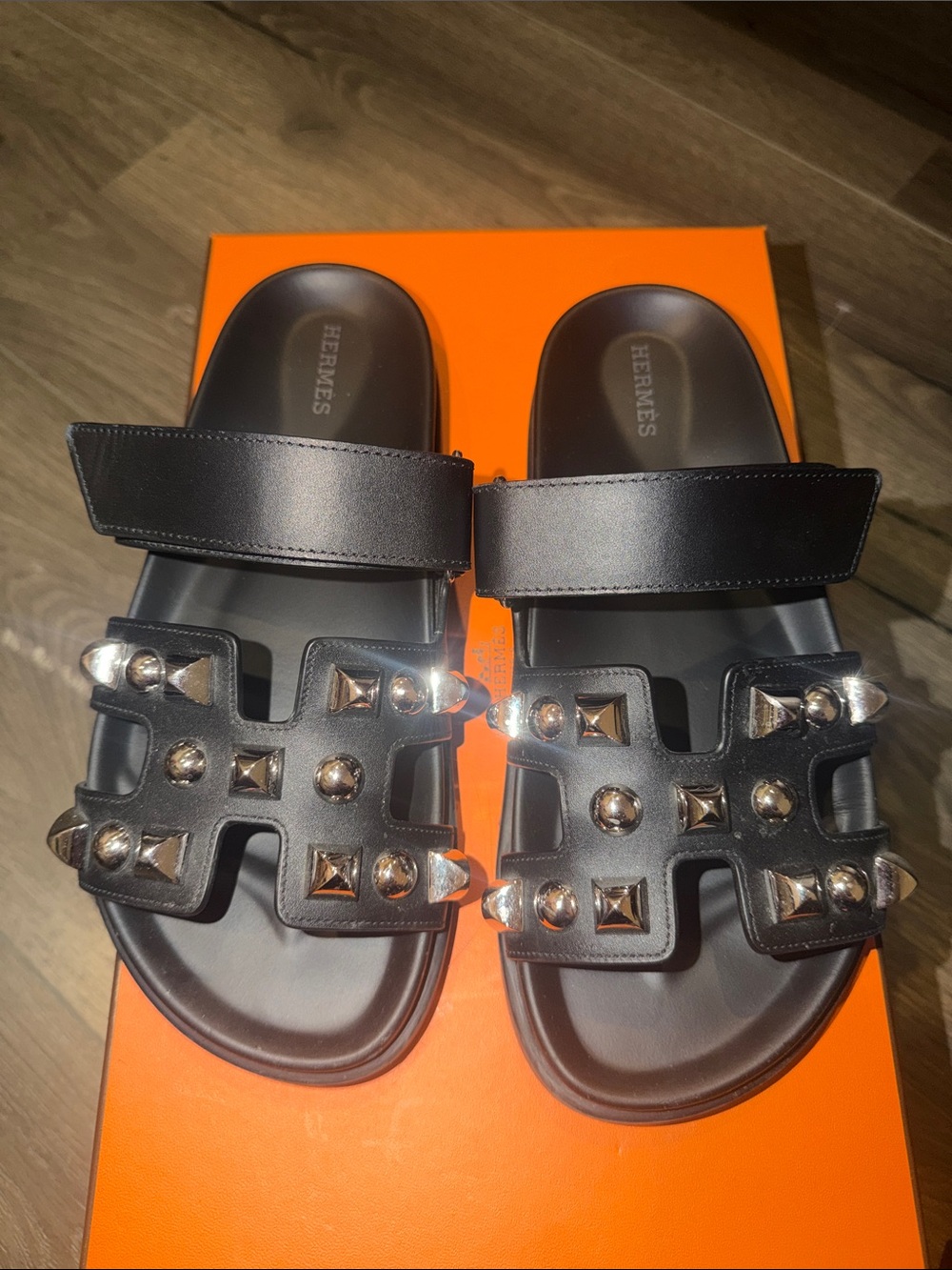 Hermes Black Leather Studded Oran-Style Slide Sandals